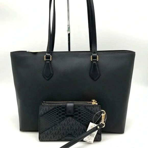 Michael Kors Bag Large Sheila Mf Tote Bag & Large Double Zip Wallet Black/Gold - Picture 5 of 14